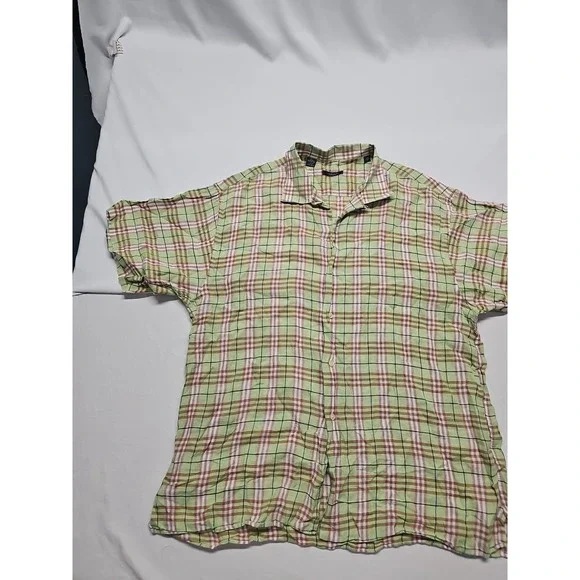 Vtg Burberry Men's Short Sleeve Linen Button Up Green Beige Check USA Made Sz XL - Picture 2 of 13